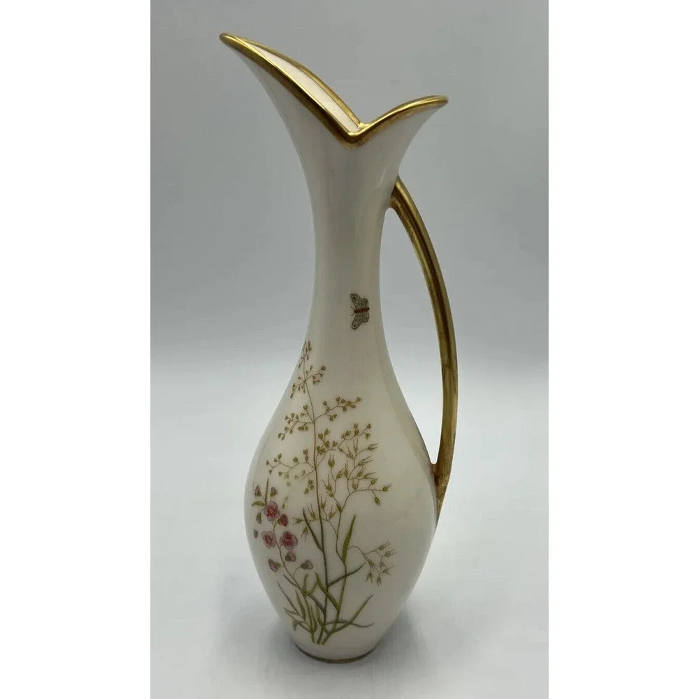 Vintage Lindner Kueps Bavaria Germany Pitcher Ewer Floral Gold Trim Vase 9